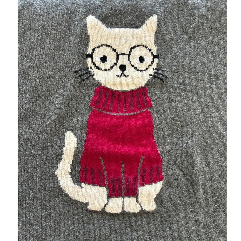 Banana Republic Womens L Gray Cat Glasses Intarsia Cotton Sweater NWT - Picture 2 of 10
